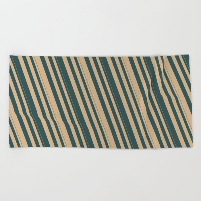 Tan & Dark Slate Gray Colored Stripes/Lines Pattern Beach Towel