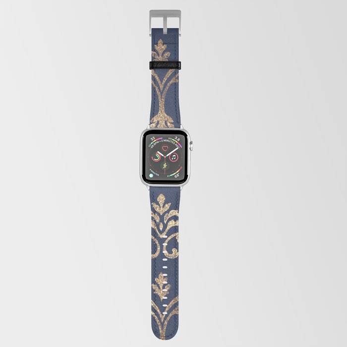 Elegant navy blue gold glitter floral damask Apple Watch Band