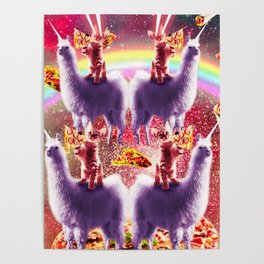 Space Cat Riding Llama, Rainbow Laser Galaxy Cats Pizza Poster