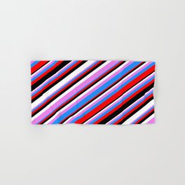 [ Thumbnail: Eyecatching Violet, Blue, Red, Black & White Colored Lines Pattern Hand & Bath Towel ]