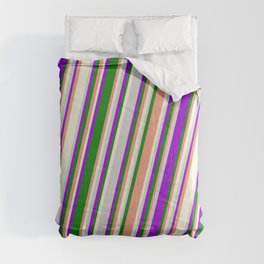 [ Thumbnail: Vibrant Dark Violet, Green, Dark Salmon, Beige, and Light Gray Colored Stripes/Lines Pattern Comforter ]
