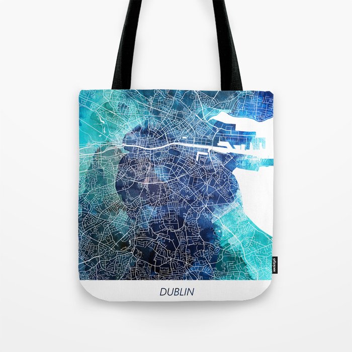 Dublin Ireland Map Navy Blue Turquoise Watercolor Tote Bag