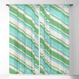 [ Thumbnail: Forest Green, Turquoise & Beige Colored Striped Pattern Sheer Curtain ]
