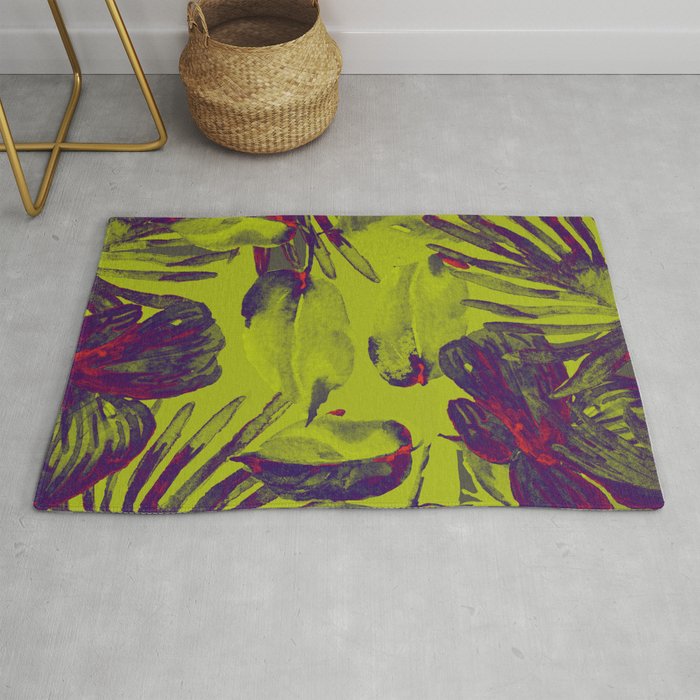 TROPICAL FERNS AND FLOWERS IN SHADES OF Purple and Acid green Rug