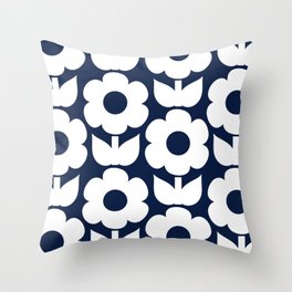 Jonnty Flowers Retro Floral Pattern in Nautical Navy Blue and White Throw Pillow