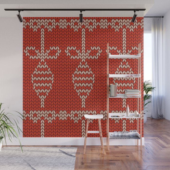 Christmas Pattern Red Knitted Bauble Bow Wall Mural