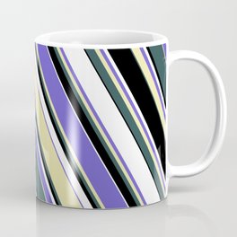 [ Thumbnail: Slate Blue, Pale Goldenrod, Dark Slate Gray, Black & White Colored Lined Pattern Coffee Mug ]