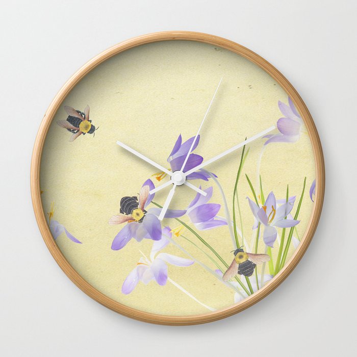 Crocuses and bumblebees Wall Clock
