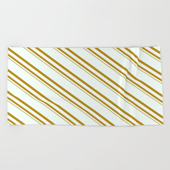 Mint Cream and Dark Goldenrod Colored Stripes Pattern Beach Towel