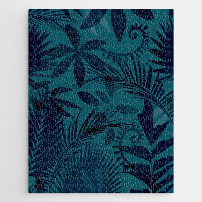 Botanical Jungle Blue Green Leaf Design Jigsaw Puzzle