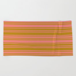 [ Thumbnail: Dark Goldenrod & Light Coral Colored Pattern of Stripes Beach Towel ]