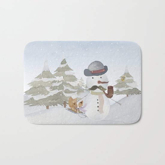 Winter Wonderland- Funny Snowman and friends - Watercolor illustration III Bath Mat