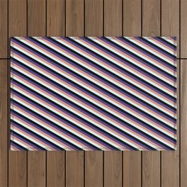[ Thumbnail: Dark Slate Blue, Dark Salmon, Light Cyan & Black Colored Pattern of Stripes Outdoor Rug ]