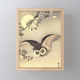Koson Ohara - Scops Owl in Flight, Cherry Blossoms and Full Moon - Japanese Vintage Woodblock Framed Mini Art Print
