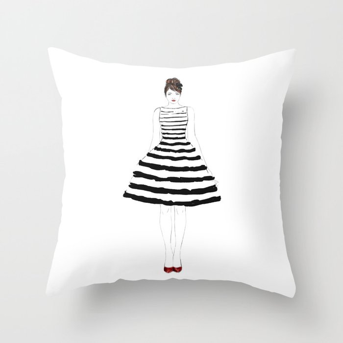 Fashion illustration stripes dress in black and white Throw Pillow