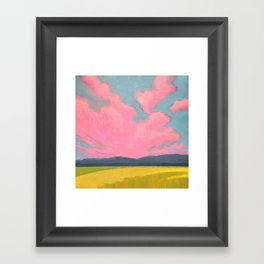Bright Pink Sunset Over Mountains and Farm Fields Framed Art Print