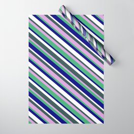 [ Thumbnail: Vibrant Dark Slate Gray, Plum, Sea Green, Blue & White Colored Stripes Pattern Wrapping Paper ]