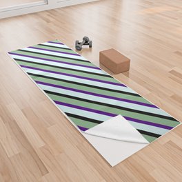 [ Thumbnail: Dark Sea Green, Indigo, Light Cyan, and Black Colored Striped Pattern Yoga Towel ]
