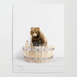 Bear in a Wooden Bathtub, Bear and Duckling Taking a Bath, Bathtub Animal Art Print By Synplus Poster