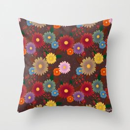 Fall flowers pattern - brown background  Throw Pillow