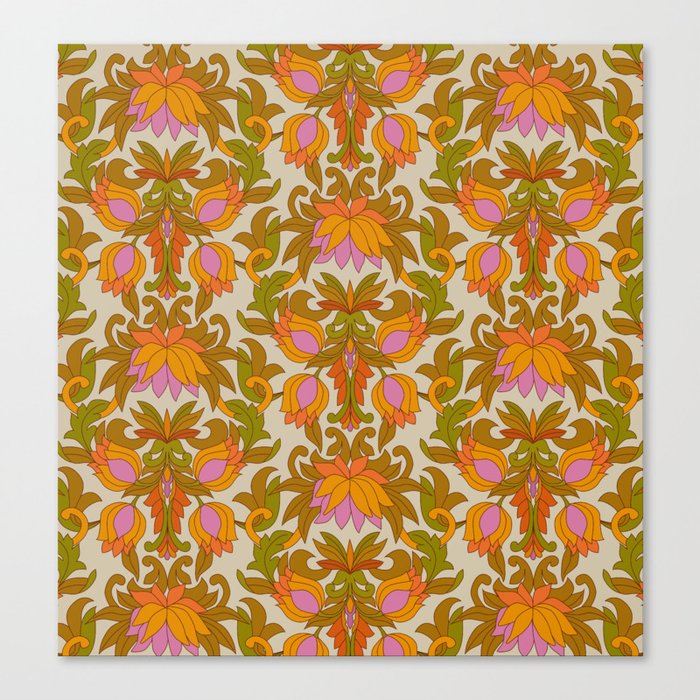 Orange, Pink Flowers and Green Leaves 1960s Retro Vintage Pattern Leinwanddruck Orange, Pink Flowers and Green Leaves 1960s Retro Vintage Pattern Leinwanddruck