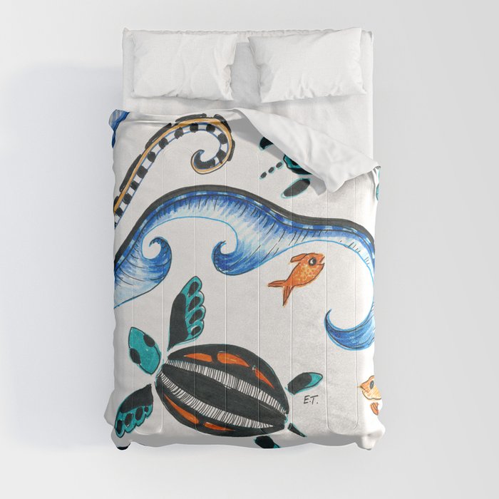 Sea Turtles And Waves Doodle Ink Comforter