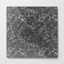 Dark Grey and White Toys Outline Pattern Metal Print