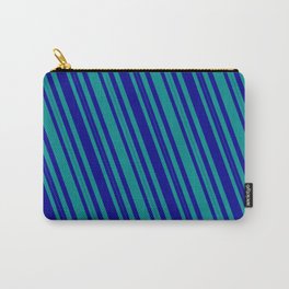 [ Thumbnail: Dark Blue and Dark Cyan Colored Lined/Striped Pattern Carry-All Pouch ]