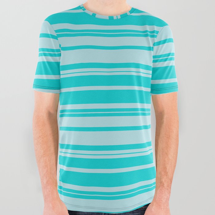 Dark Turquoise and Powder Blue Colored Striped Pattern All Over Graphic Tee