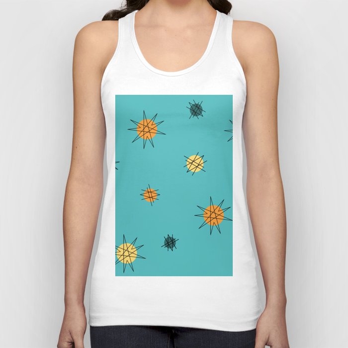 Atomic Age Starburst Planets Turquoise Orange Yellow Tank Top