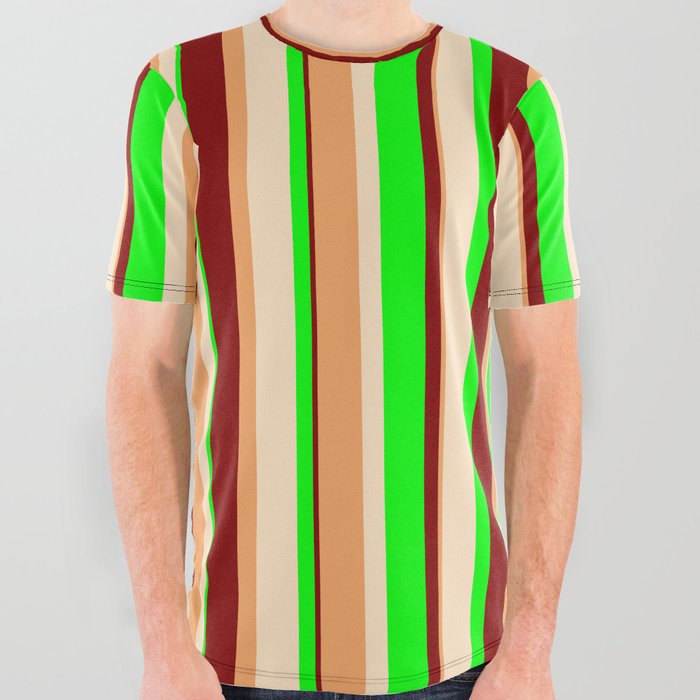 Brown, Bisque, Lime & Maroon Colored Pattern of Stripes All Over Graphic Tee