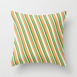 [ Thumbnail: Beige, Sea Green, Brown, and Forest Green Colored Striped/Lined Pattern Throw Pillow ]