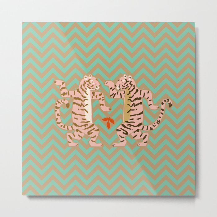 Dancing tiger Zig zag tiger – mint sand Metal Print