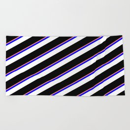 [ Thumbnail: Light Coral, Blue, White & Black Colored Striped Pattern Beach Towel ]