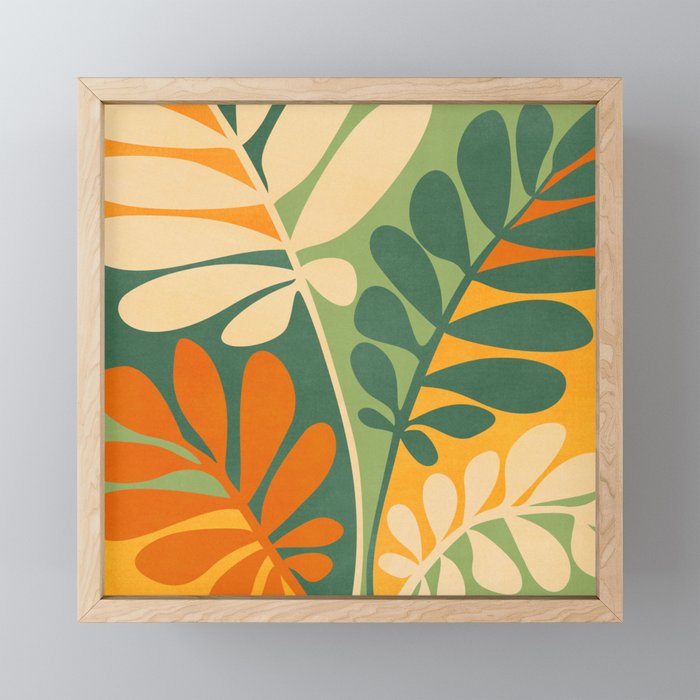 Retro Earthy Floral in Green and Orange Framed Mini Art Print