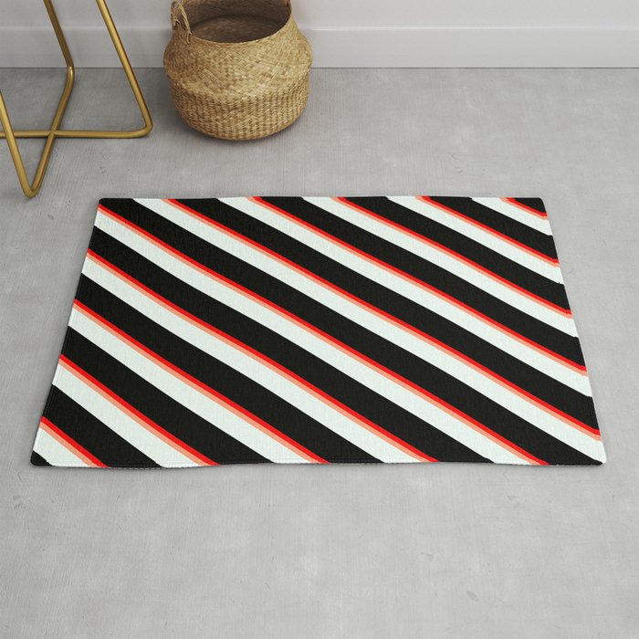 Red, Light Salmon, Mint Cream, and Black Colored Pattern of Stripes Rug