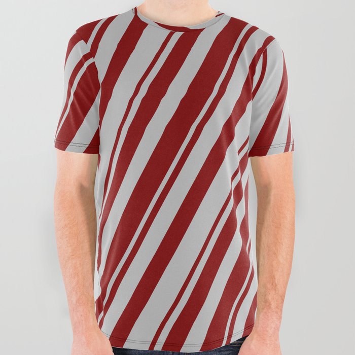 Maroon and Grey Colored Pattern of Stripes All Over Graphic Tee