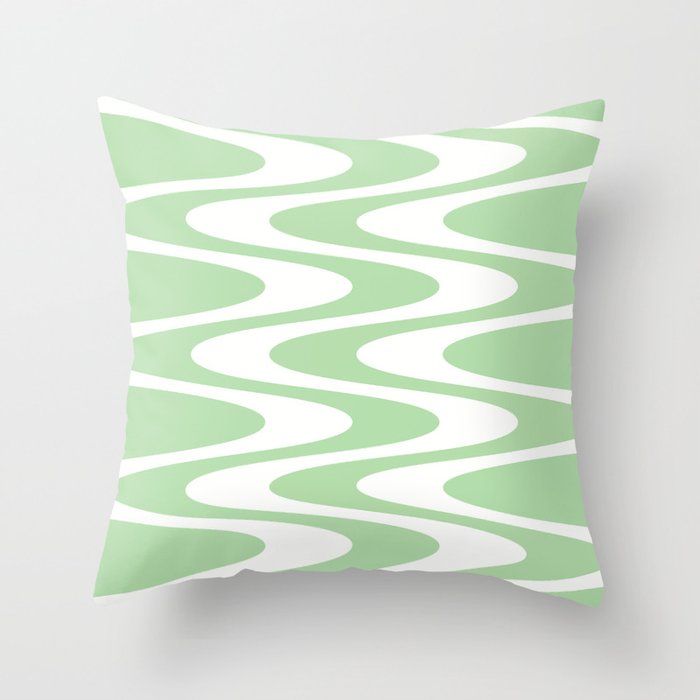 Retro Mid century Modern Waves pattern - Light Green Throw Pillow