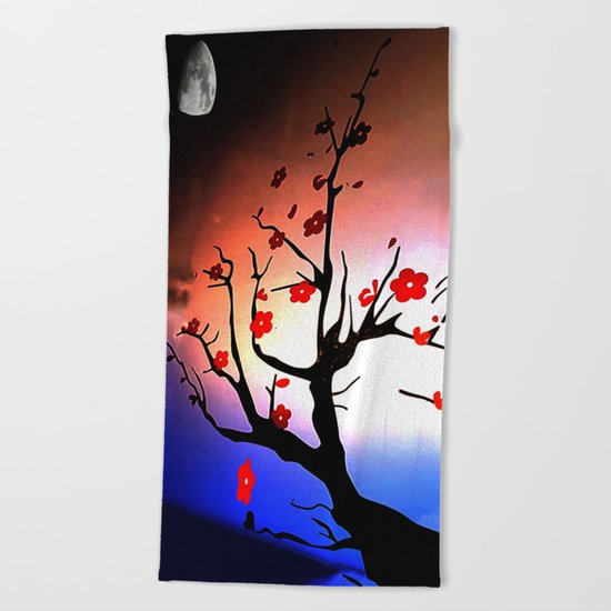 Japanese Maple Under Night Sky With Moon Beach Towel