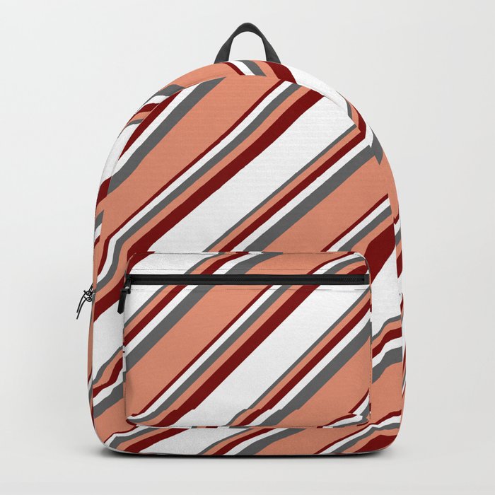 Dim Gray, Dark Salmon, Maroon & White Colored Lines/Stripes Pattern Backpack