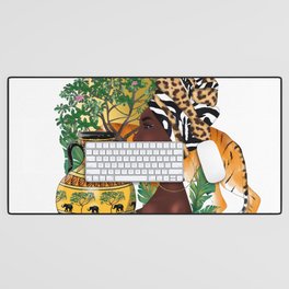 African woman,tiger,white background . Desk Mat