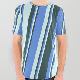 [ Thumbnail: Cornflower Blue, Light Cyan, and Dark Slate Gray Colored Pattern of Stripes All Over Graphic Tee ]