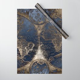 World Map Deep Blue and Gold Wrapping Paper