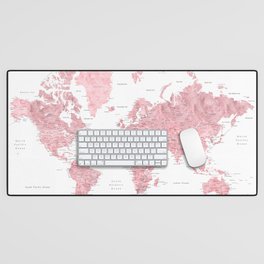 Light pink, muted pink and dusty pink watercolor world map with cities Desk Mat