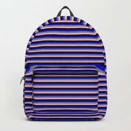 [ Thumbnail: Blue, Light Slate Gray, Light Pink, and Black Colored Lines/Stripes Pattern Backpack ]