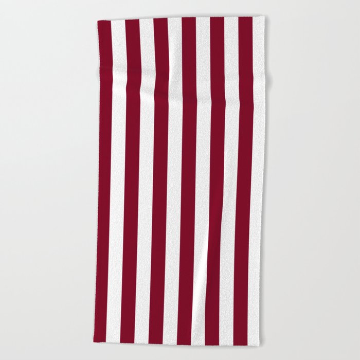 Narrow Vertical Stripes - White and Burgundy Red Beach Towel