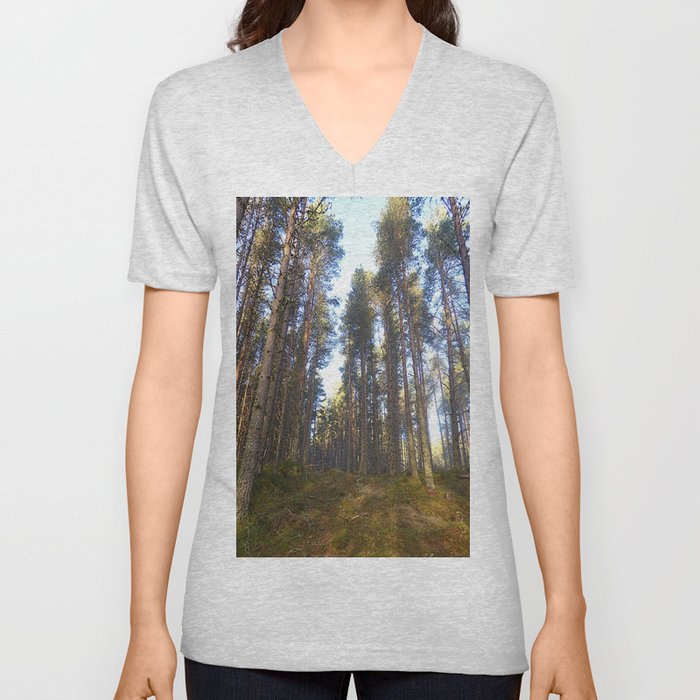 Inclined Scottish Pine Forest in Afterglow V Neck T Shirt