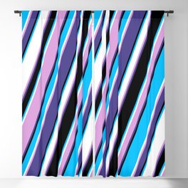 [ Thumbnail: Eye-catching Plum, Dark Slate Blue, Black, Deep Sky Blue & White Colored Lined/Striped Pattern Blackout Curtain ]