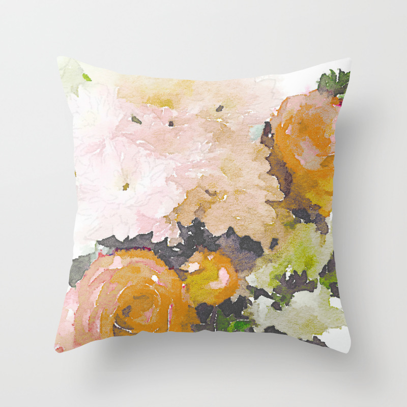 Watercolor Floral Print In Grey Mustard Pastel Pink And Off
