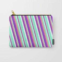[ Thumbnail: Dark Salmon, Dark Orchid, White, and Aquamarine Colored Striped Pattern Carry-All Pouch ]